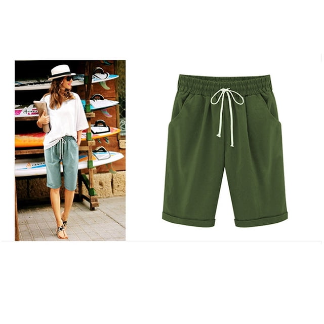 Pisexur Womens Shorts Cotton Linen Drawstring Solid Color Gym Workout Shorts Summer Comfy Elastic Waisted Shorts Plus Size Lounge Shorts Casual Beach Knee Length Shorts with Pockets,S-6XL
