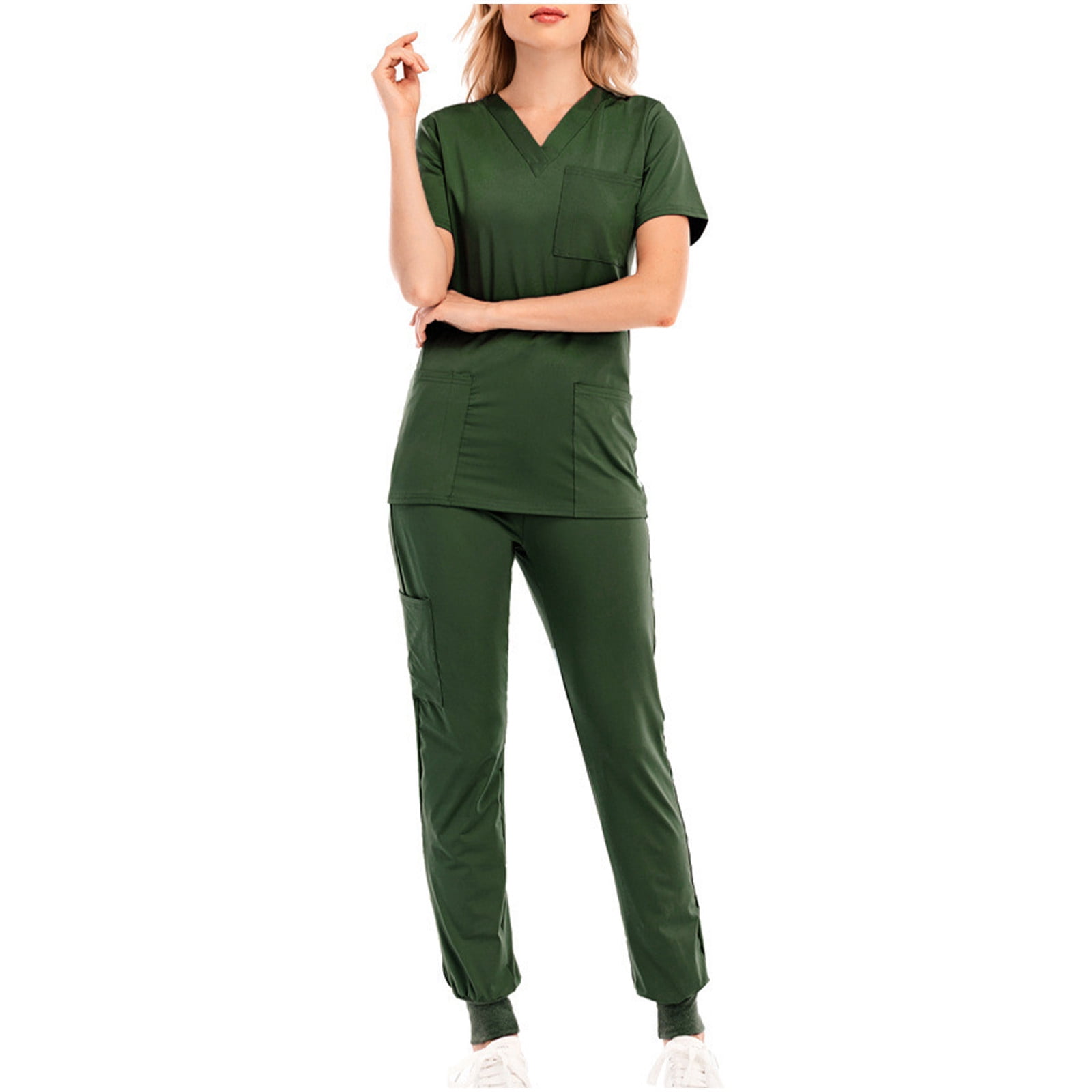 fheaev Nursing Uniform Set for Women Scrubs Set Medical Scrubs V-Neck Top with Pocket Jogger Pants Athletic Nursing Uniform Solid Stretch Wicking And Easy To Care