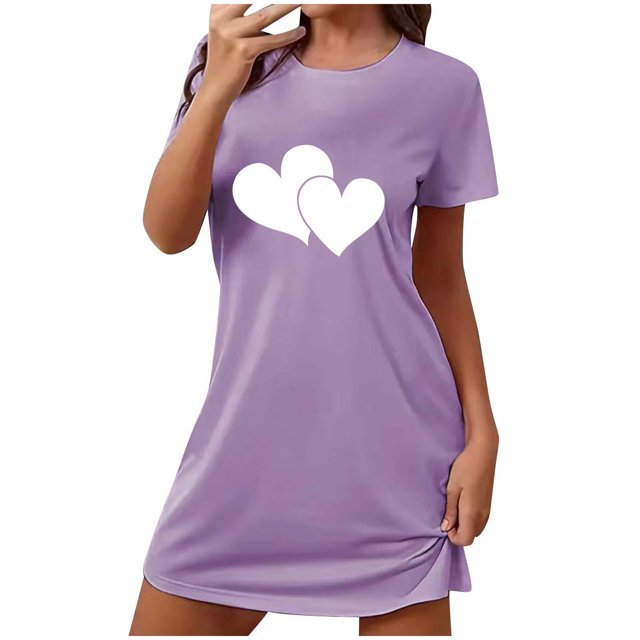 Pyjama en Satin Nuisette pour Femme à Manches Courtes Vêtement de Nuit Confortable Chemises de Nuit Imprimées Col Ras du Cou T-Shirt de Nuit Robe de Sommeil Douce Coupe Ample Robe de Pyjama Violet P