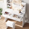 thumbnail image 3 of Vanity Desk with Lighted Mirror, Makeup Vanity Set with Power Outlet, Cushioned Stool, Vanity Table with 6 Storage Shelves, 2 Large Drawers and 3 Color Light Adjustable Brightness, Pink, 3 of 9
