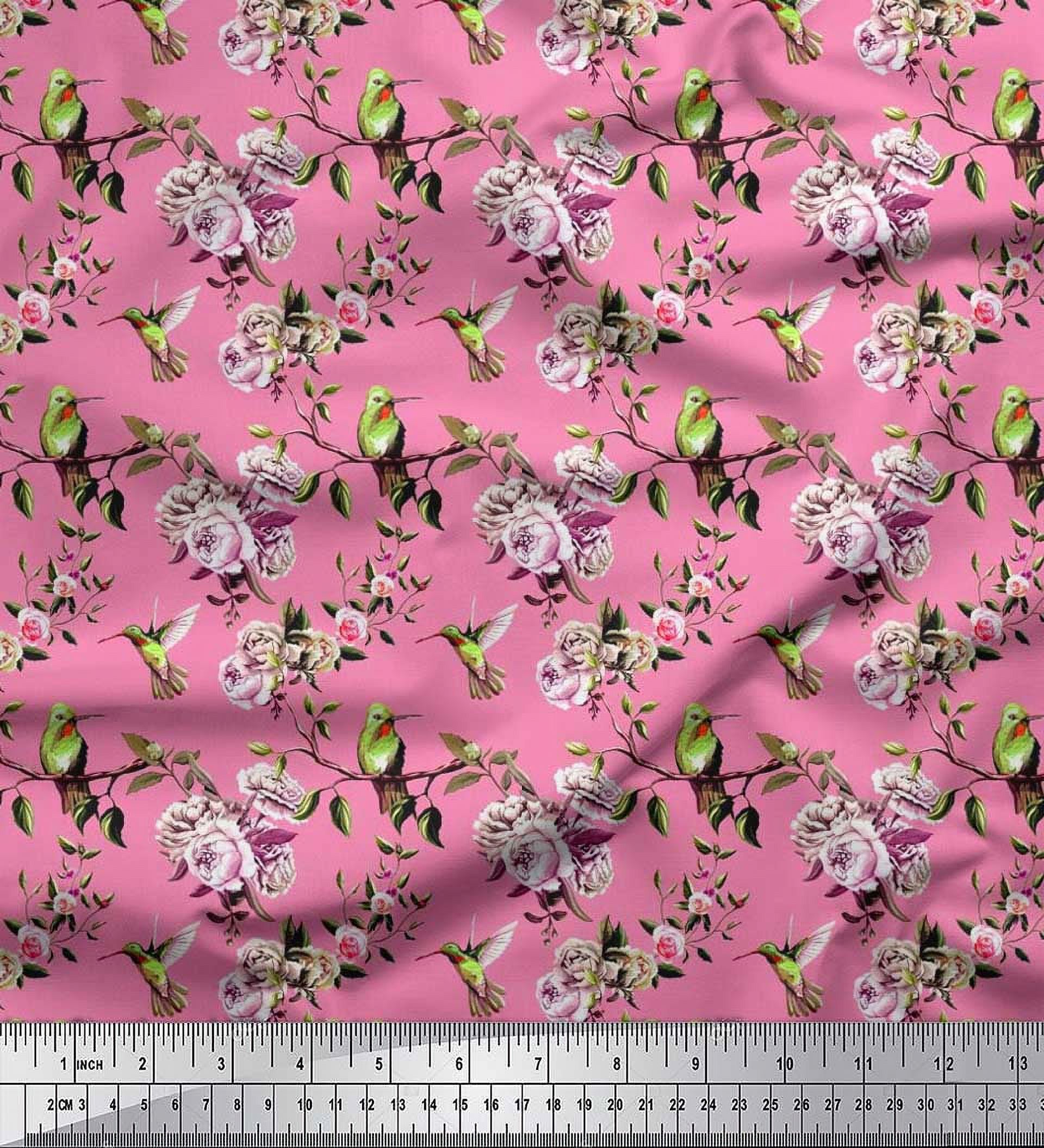 Soimoi Silk Fabric Hummingbird,Leaves & Rose Floral Printed Fabric 1 Yard 42 Inch Wide