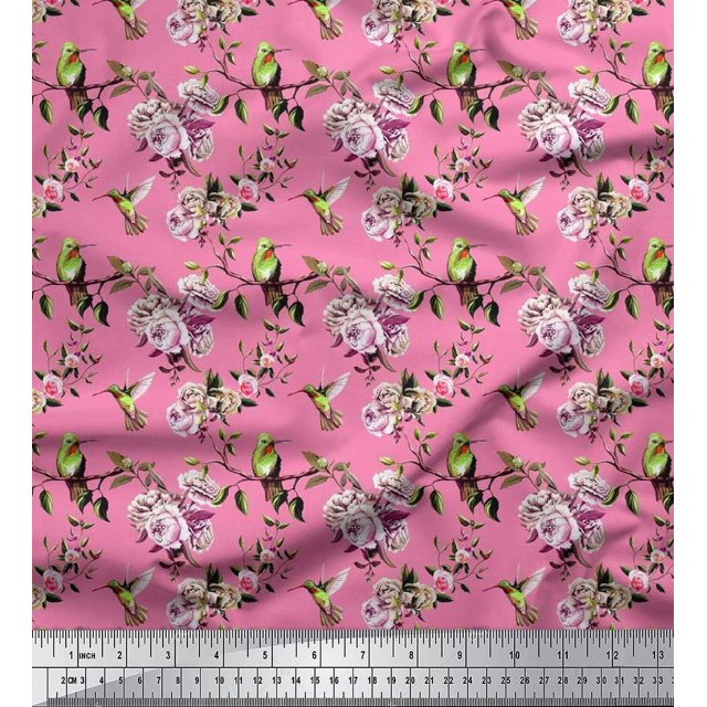 Soimoi Rayon Fabric Hummingbird,Leaves & Rose Floral Print Sewing Fabric Yard 42 Inch Wide
