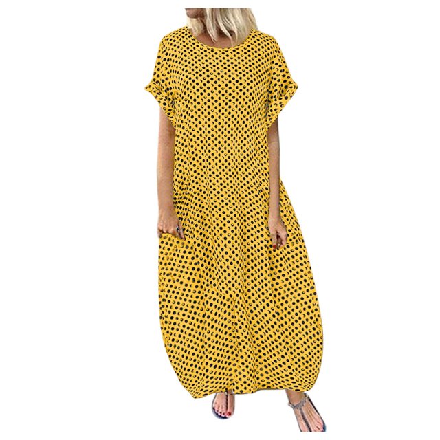 Kcodviy Robe Décontractée à Pois pour Femme, Robes Décontractées pour Femmes, Imprimé, Manches Courtes, Col Rond, Robes Portefeuille pour Femmes, Été, Robe Maxi à Encolure