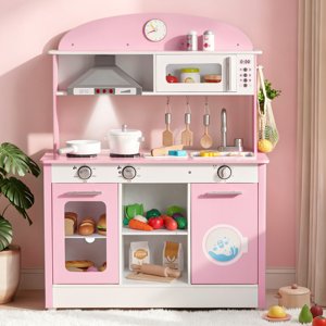 VEVOR Jouer cuisine pour enfants, en bois, jeu de cuisine pour les enfants avec de vraies lumières & Sons, nourriture & Accessoires de Cookware, Jeu de Jouet Pretend, Hotte de Range, Micro-ondes, pour les tout-petits, Filles & Garçons âgés de 3 à 8 ans, rose