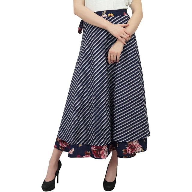 Phagun Robe Cache-Cœur Réversible en Coton Bleu Marine à Imprimé Floral