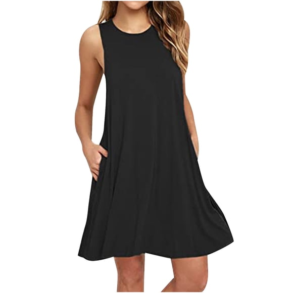 Bigersell Robes pour Femmes avec Manches Mode Femmes Col Rond Décontracté Uni Poches Sans Manches au-Dessus du Genou Robe Grande et Longue Petite Robe Noire Style 22616, Robes Mi-Longues pour Femme Noir m