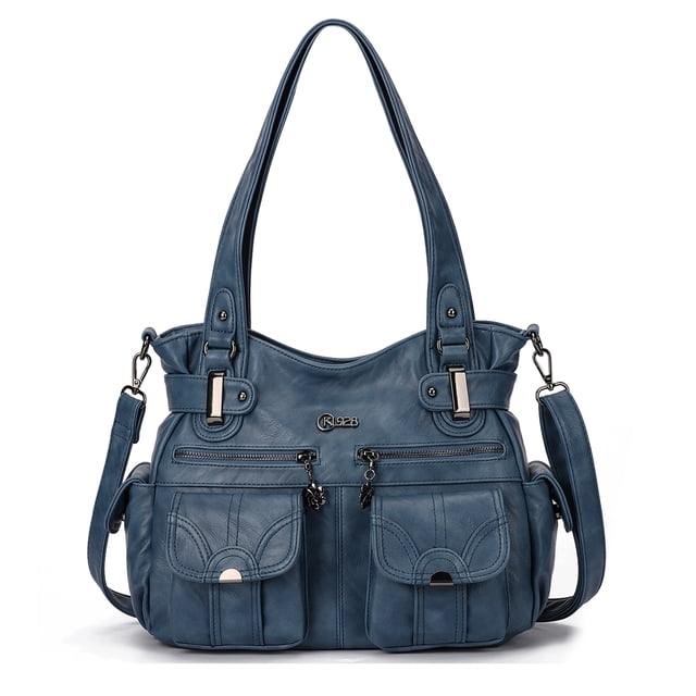 KL928 Women Large Purses Multi-Pocket Handbags PU Leather Tote Bag in a blue color. Designed with multiple front zipper pockets, adjustable shoulder straps, and a spacious interior for carrying essentials like books, electronics, and cosmetics. Made of durable PU leather, ideal as a tote bag, shoulder bag, or crossbody bag for everyday use or casual occasions.