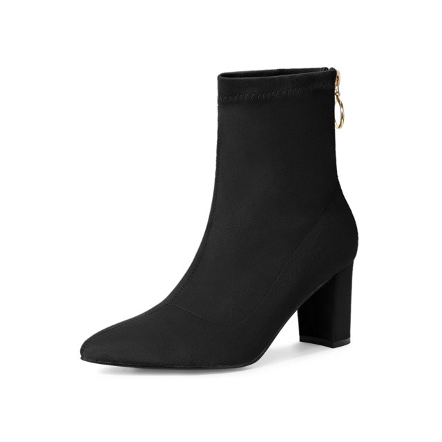 Unique Bargains Women's Pointed Toe Zipper Block Heels Ankle Boots