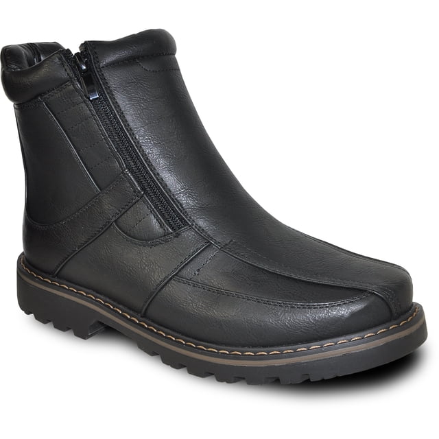 bravo! Men Waterproof Winter Boot DEAN-12 with Fur Lining and Double Zipper in black, size 11. Features a premium waterproof faux leather upper with tonal stitching and a bicycle double runner square toe ankle boot silhouette. Includes a seam-sealed waterproof membrane construction to keep feet dry, heavy 600g faux fur lining for warmth in temperatures as low as -24°C (-11°F), and a fur-covered insole for all-day comfort. Designed with a double side zipper closure for easy wear and a durable rubber outsole with a slip-resistant lug pattern for maximum traction. Heel height is approximately 1.25 inches, with a shaft height of 6 inches and a circumference of 11.5 inches for size 9. Suitable for fall and winter daily wear.