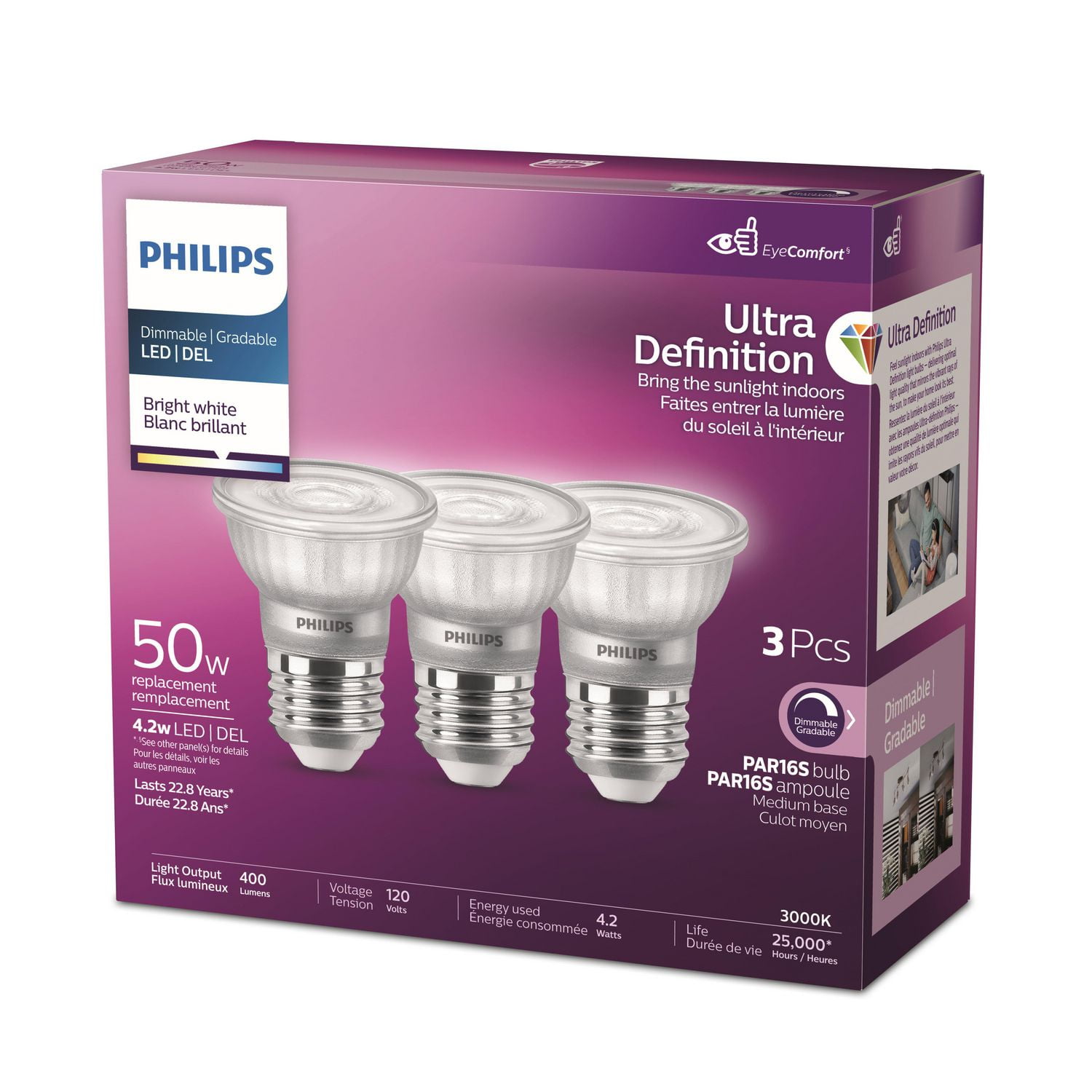 PHILIPS Ampoules LED PAR16 à culot moyen, 4,4 W, 50 W, ultra haute définition, blanc brillant, à intensité variable, paquet de 3