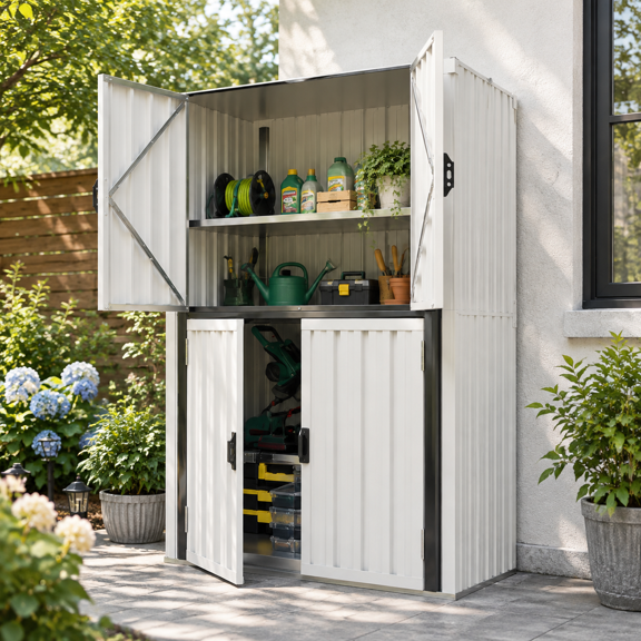 AECOJOY 70" Waterproof Outdoor Storage Cabinet with Floor & Adjustable Shelves, 4 Lockable Doors, All-Weather Metal, White