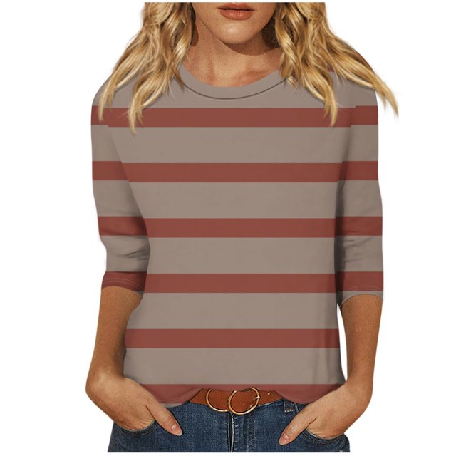 Annhoo Hauts d'Automne pour Femmes 2025 Mode Manches 3/4 Col Ras du Cou Chandails à Enfiler Chemises Décontractées Confort Blouses à Rayures Imprimées