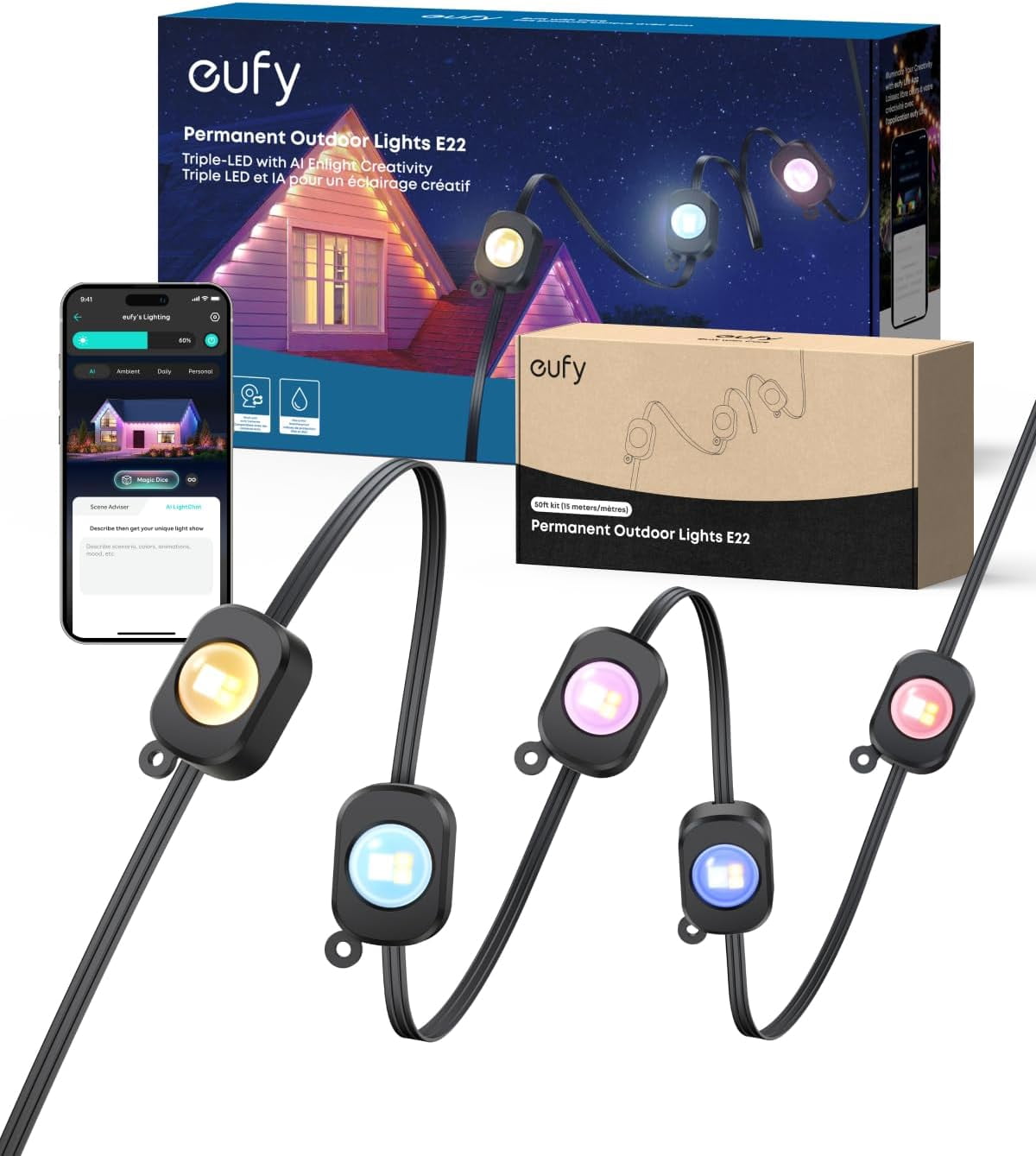 eufy Permanent Outdoor Lights E22, 150ft with 90 Triple-LED Lights, Smart RGBWW, Daily and Holiday, Up to IP67 Waterproof, AI Lighting, Links with Cameras, Black