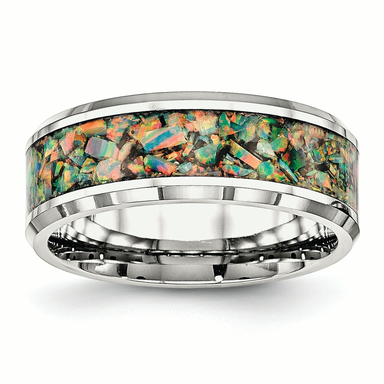 Stainless Steel Polished with Imitation Opal 8mm Men's Ring 7.5 Size