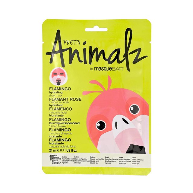 Pretty Animalz Masque Hydratant au Flamant Rose en Emballage Jaune Mettant en Vedette un Grand Visage de Flamant Rose avec des Yeux Noir et Blanc et un Bec Rose Pâle, Masque en Feuille Hydratant Formulé avec des Extraits d'Algues et de Pamplemousse pour Hydrater et Illuminer la Peau.