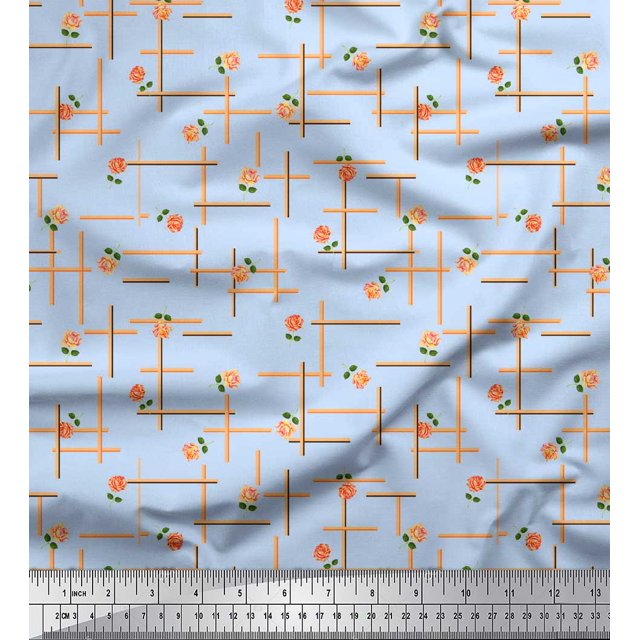 Soimoi Blue Poly Georgette Fabric Maze & Grandiflora Roses Floral Printed Craft Fabric by the Yard 42 Inch Wide