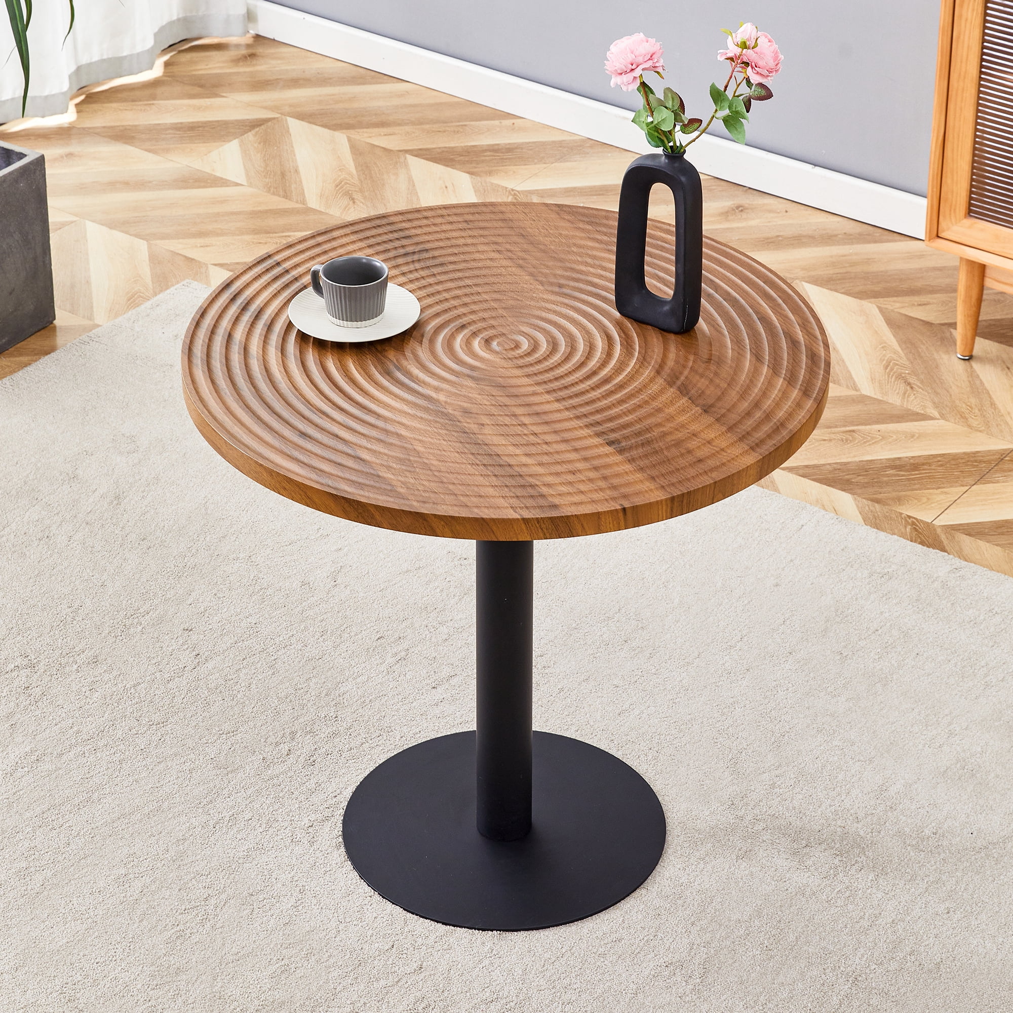 Table de salle à manger ronde Noble House 80 cm, grain de bois foncé avec texture annulaire, noir, bois