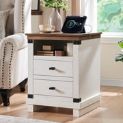 Ourlova Nightstand with Charging Station 18inch Rustic Night Stand with 2 Storage Drawers Wood End Table for BedroomLiving RoomAntique White 1pc