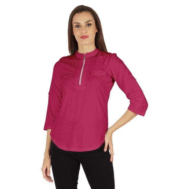 Inkmeso Stylish Mandarin Collar Top For Women Casual Solid Relaxed-Fit Zipper Front Tunic