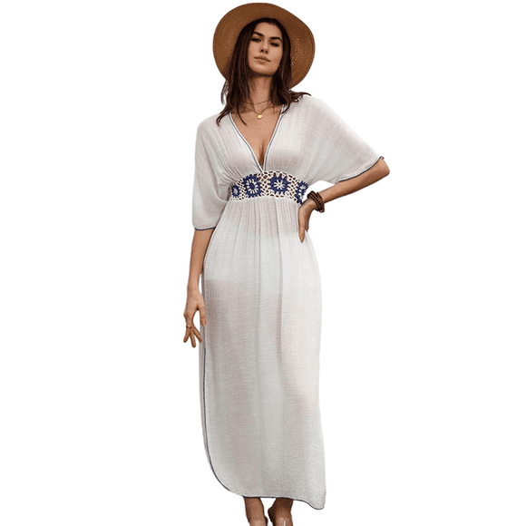 Women's Embroidered Floral Maxi Dress, White, Loose Fit, V-Neck White L