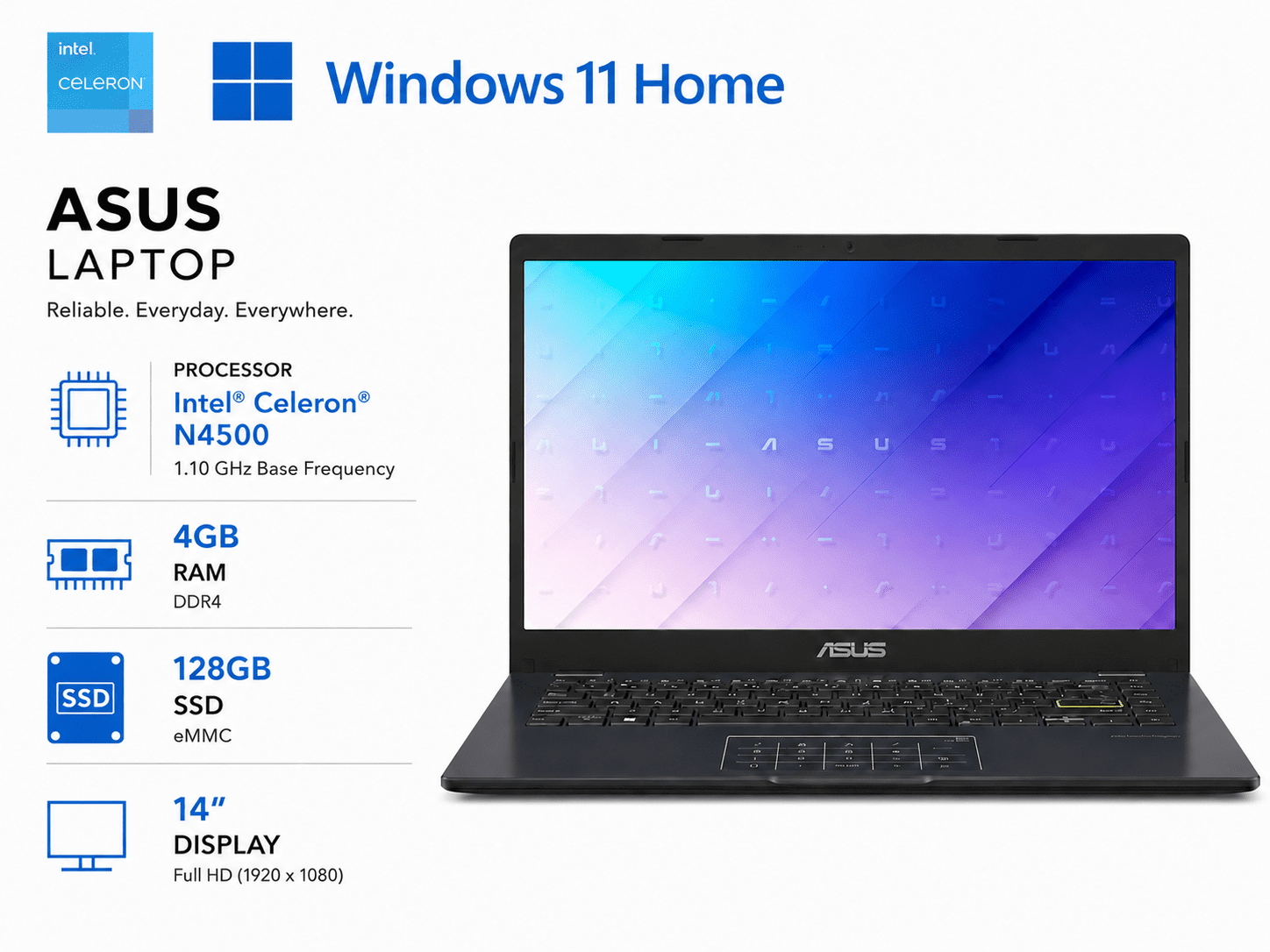 ASUS L410KA 14" FHD Laptop | Intel Celeron N4500 / 4GB RAM / 128GB SSD / Intel UHD Graphics /Bilingual Keyboard/ Windows 11 Home(Renewed)