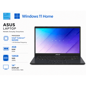ASUS L410KA 14" FHD Ordinateur portable Intel Celeron N4500 / 4GB RAM / 128GB SSD / Intel. UHD Graphisme /Clavier bilingue/ Windows 11 Accueil(Renouvellement)