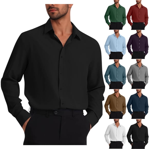 BiZtdJrK Men's Dress Shirts Solid Wrinkle-Free Long Sleeve Button Down Blouse Tops Lapel Formal Shirt Business Casual Outfits, Black, L