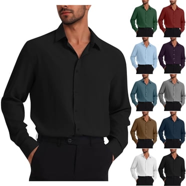 BiZtdJrK Chemises Habillées pour Hommes Unies Sans Plis à Manches Longues Boutonnées Blouse Hauts Col à Revers Chemise Formelle Tenues d'Affaires Décontractées, Noir, G