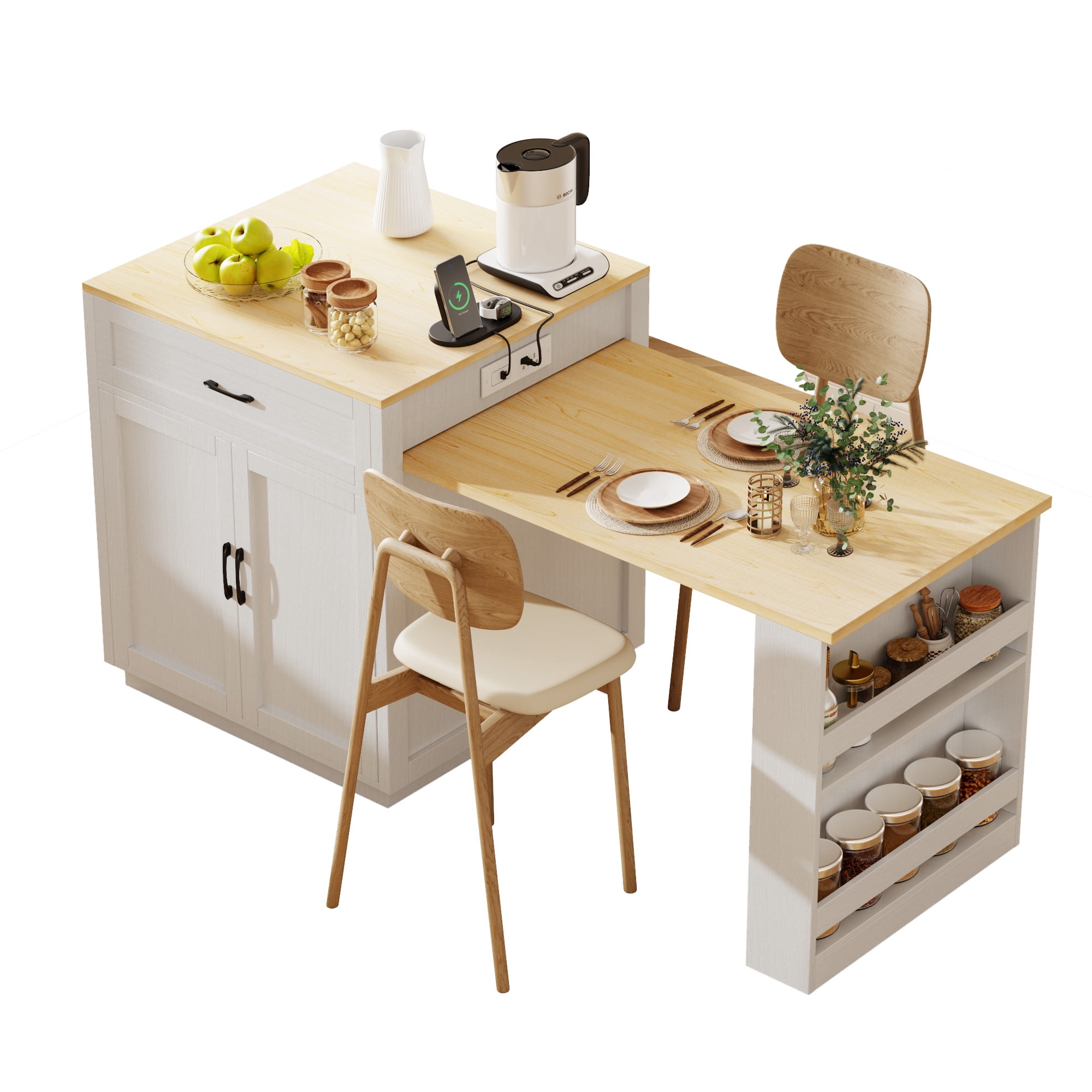 Homy Casa Kitchen Island with Expandable Table, Storage, Power Outlets, White, 82.7"