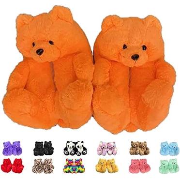 Teddy Bear Slippers for Women and Girl Home Indoor Winter Shoes Soft Cute Warm Anti-Slip Faux Fur Cartoon Slippers(Yellow Leopard)