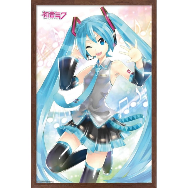 Hatsune Miku - Affiche Murale Ondulante, 22,375 Pouces x 34 Pouces Représentant le Personnage d'Anime avec de Longues Queues Jumelles turquoise, Portant un Haut Argenté Sans Manches avec accents Bleus et Cravate, une Jupe Plissée Noire et Bleue, et des Cuissardes Noires, Posée avec une Main Relevée, sur un Fond pastel avec des notes de Musique, Encadrée en Bois Brun.