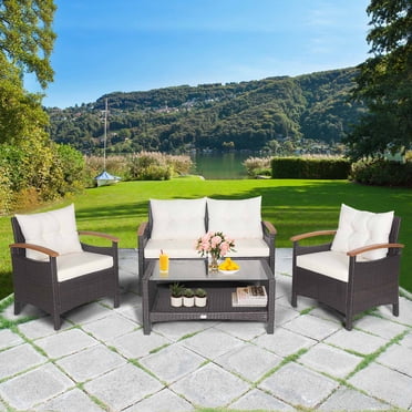 Patiojoy Patio Rattan 4PCS Cushioned Chair Side Table Set Bistro Set Classic Furniture Single Sofa Thick Cushion Loveseat for Garden Off White