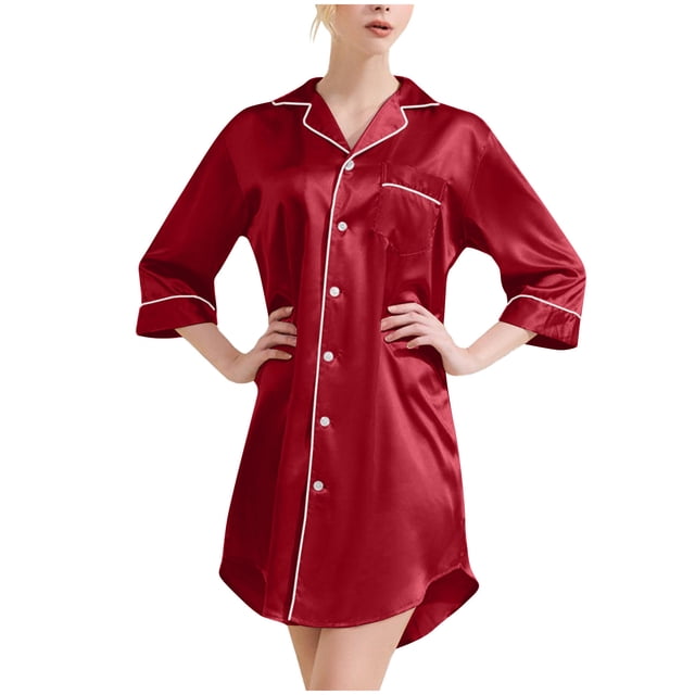 AherBiu Pyjama en Satin pour Femmes, Chemise de Nuit Boutonnée à Col à Revers en V, Robe Chemise à Manches 3/4, Vêtement de Nuit