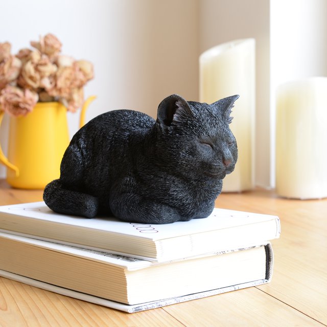Napping Cat Garden Statue Polyresin Black Sleeping Tabby Decor Outdoor