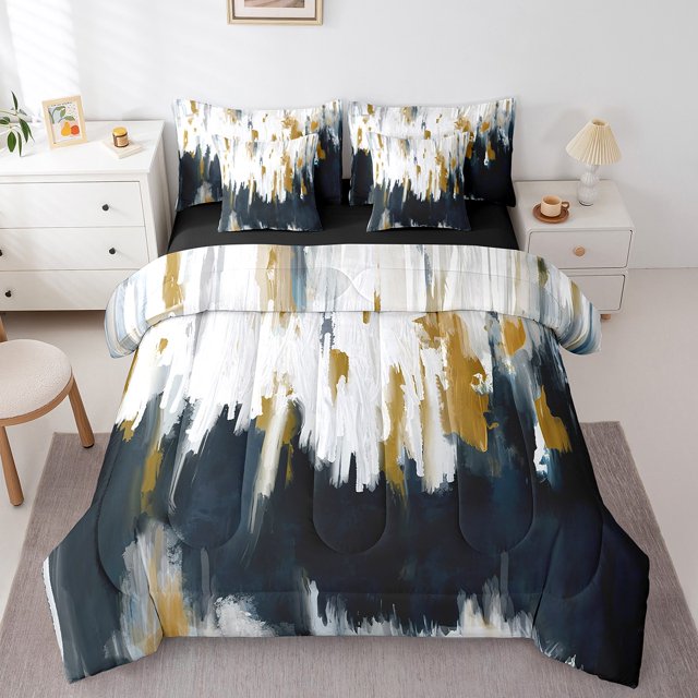 YST Modern Graffiti Bedding Set, Gradient Brush Strokes Comforter Set, 7-Piece, Contemporary Style, King