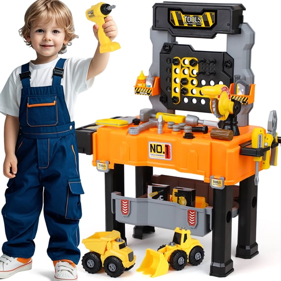 Ensemble de Banc à Outils pour Enfants, Jouets Éducatifs pour Garçon, Ensemble d'Outils pour Enfants, Banc de Travail Pliable pour Enfants avec Outils Réalistes et Perceuse Électrique et Voitures Jouets à Démonter, Jouets de Construction pour Garçons de 2 3 Ans Cadeaux d'Anniversaire