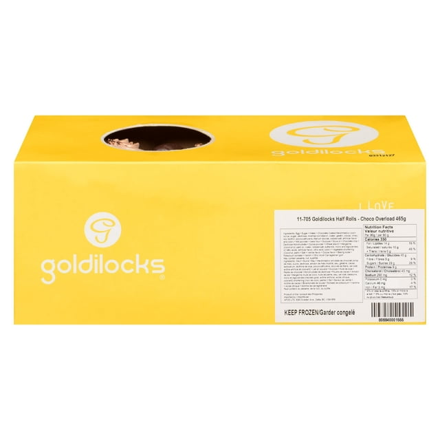 Goldilocks Famous Bakeshop Filipino Half Roll Chocolate Cake in bright yellow frozen bakery box with circular window showing chocolate sponge cake with chocolate buttercream frosting, chocolate icing, and chocolate chips, featuring Goldilocks logo and nutrition facts label.