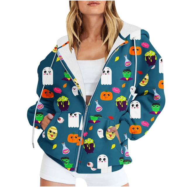 Chandails à Capuche Zippés pour Femmes Rabais de 50 % en Liquidation Blouse Imprimée Mode Hauts à Manches Longues Chandail Poches à Capuche