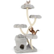 Gymax Freestanding Cat Tower Tall Cat Tree w/ four Flower-shaped Platforms Cat Condo Gray
