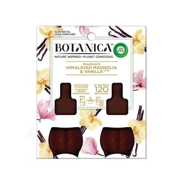 Botanica by Air Wick Recharge d'Huile Parfumée avec Parfum de Magnolia de l'Himalaya et de Vanille, Comprenant Deux Bouteilles d'Huile Diffuseur Brunes Foncées Embossées du logo Air Wick, des illustrations de Magnolia Florale et de Gousse de Vanille sur un Emballage Blanc, le Parfum Dure jusqu'à 120 Jours, Idéal pour Rafraîchir l'Air à la Maison.