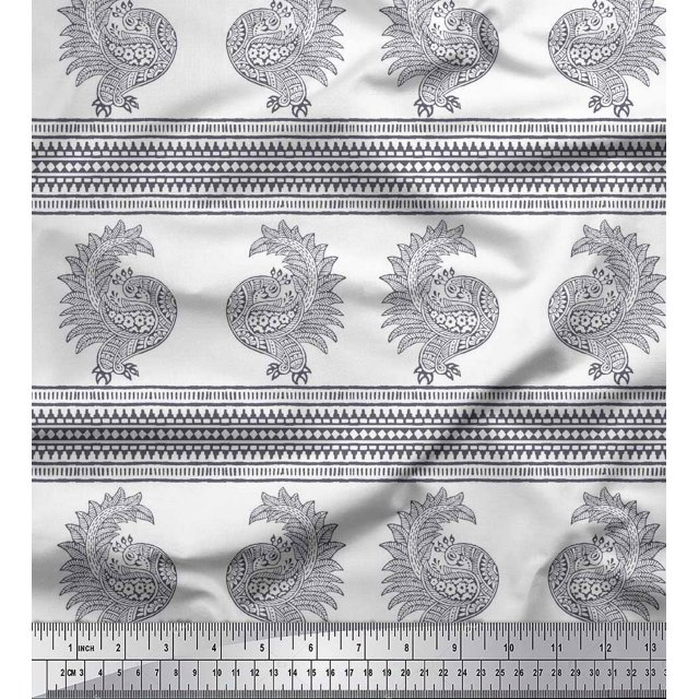 Soimoi Silk Fabric Peacock Block Print Sewing Fabric Yard 42 Inch Wide