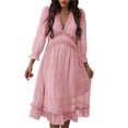 thumbnail image 1 of Women's Spring Summer Dress Deep V 3/4 Long Sleeve Dress Ruffle Hem & Trim, 1 of 2