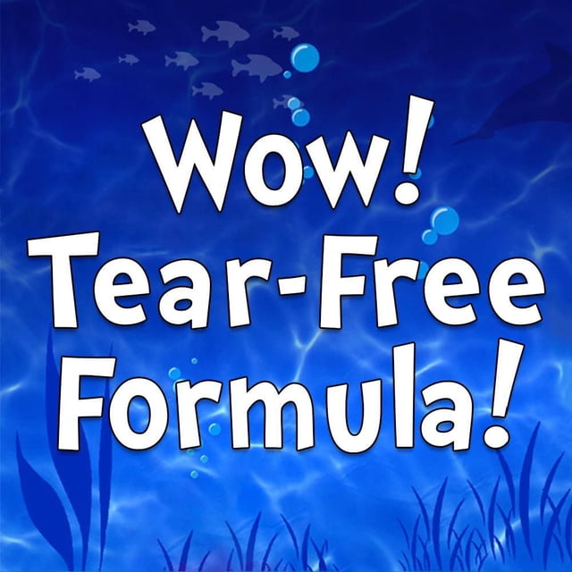 A blue underwater background with fish silhouettes and aquatic plants, featuring large white text that reads 'Wow! Tear-Free Formula!' with bubbles rising, highlighting a gentle tear-free shampoo formula ideal for kids' hair care.