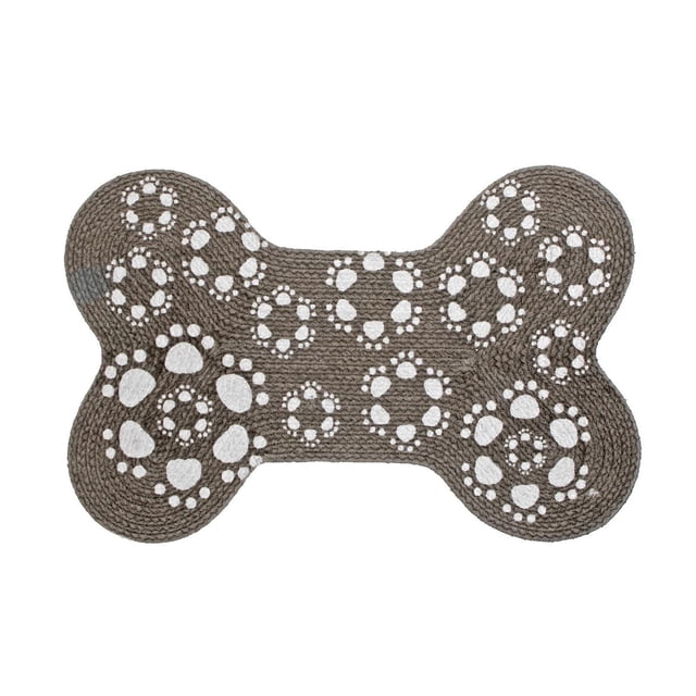 Braided Cotton Bone Shape Pet Mat (Gray Paws) featuring a gray cotton braided mat shaped like a dog bone with white paw print patterns, designed as a dog feeding mat measuring 15 by 23 inches, machine washable and suitable for pet feeding areas.
