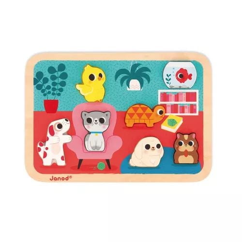 JANOD - Chunky Puzzle Les Animaux Familiers - Bois FSC - 7 pièces - Développement Motricité Fine,Concentration et Imagination - Dès 18 Mois