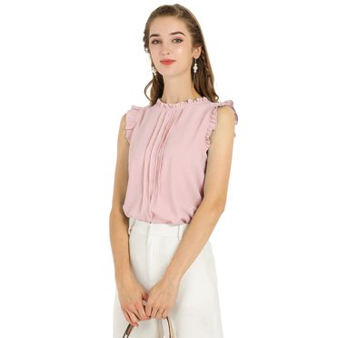 INSPIRE CHIC Women's Sleeveless Blouse Ruffled Pleated Wear-to-Work Chic Blouse XS Pink