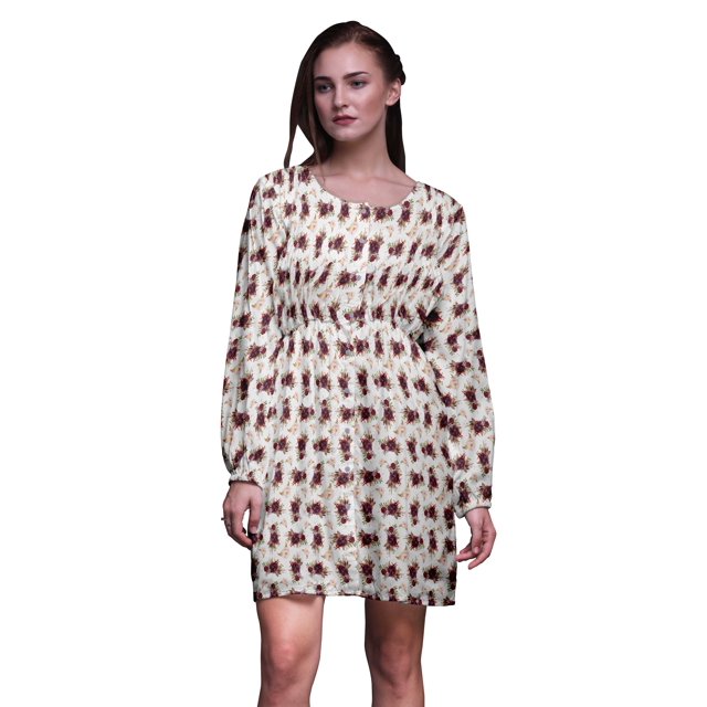 Bimba Robe Midi à Manches Longues Boutonnée à Imprimé Floral Feuilles Blanches et Roses pour Femmes Vêtements-Grand