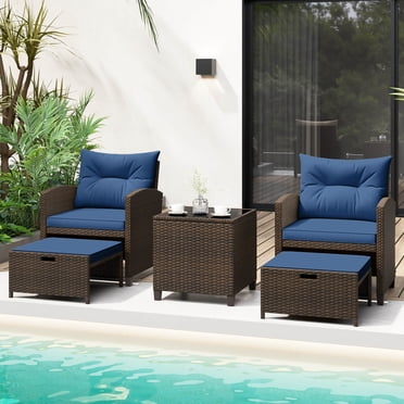 Costway 5 PCS Patio Rattan Furniture with 2 Wicker Ottomans & Tempered Glass Coffee Table Navy