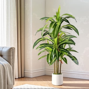 Lolsea Artificial Dracaena Fake Tree 4FT, White High Pot Artificial Plants Indoor & Outdoor, Fake Plants for Office Home Living Room Potted Decoration