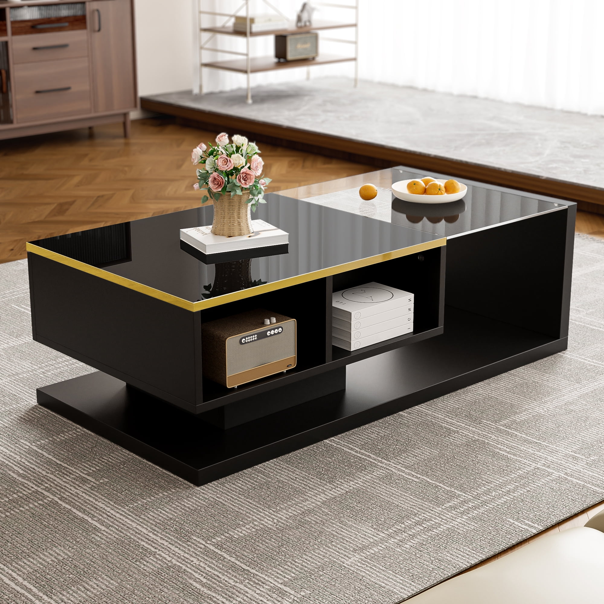 Noble House 39.4" High-Gloss Black Coffee Table, Tempered Glass with Dimmable LED, Storage Compartment & Open Shelves,Black